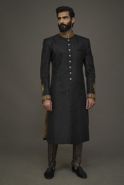 Picture of Black sherwani kora dabka work